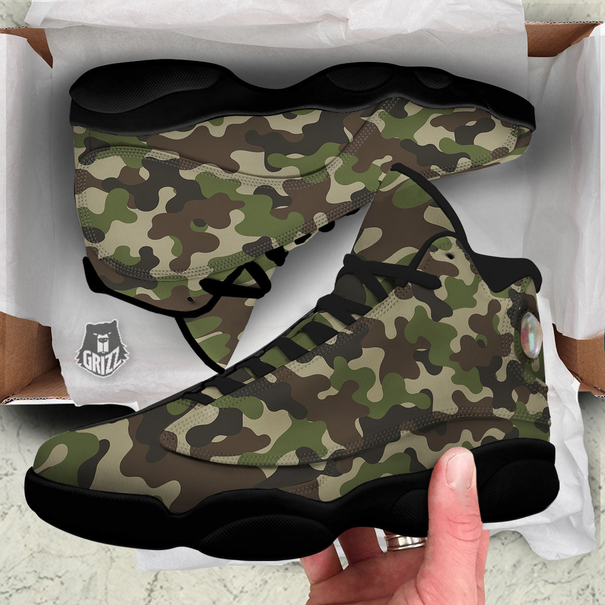Camouflage Jungle Hunting Print Black Basketball Shoes-grizzshop