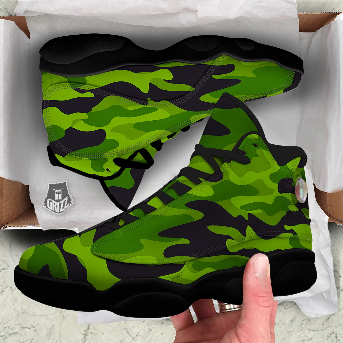 Camouflage Lime Green Print Black Basketball Shoes-grizzshop