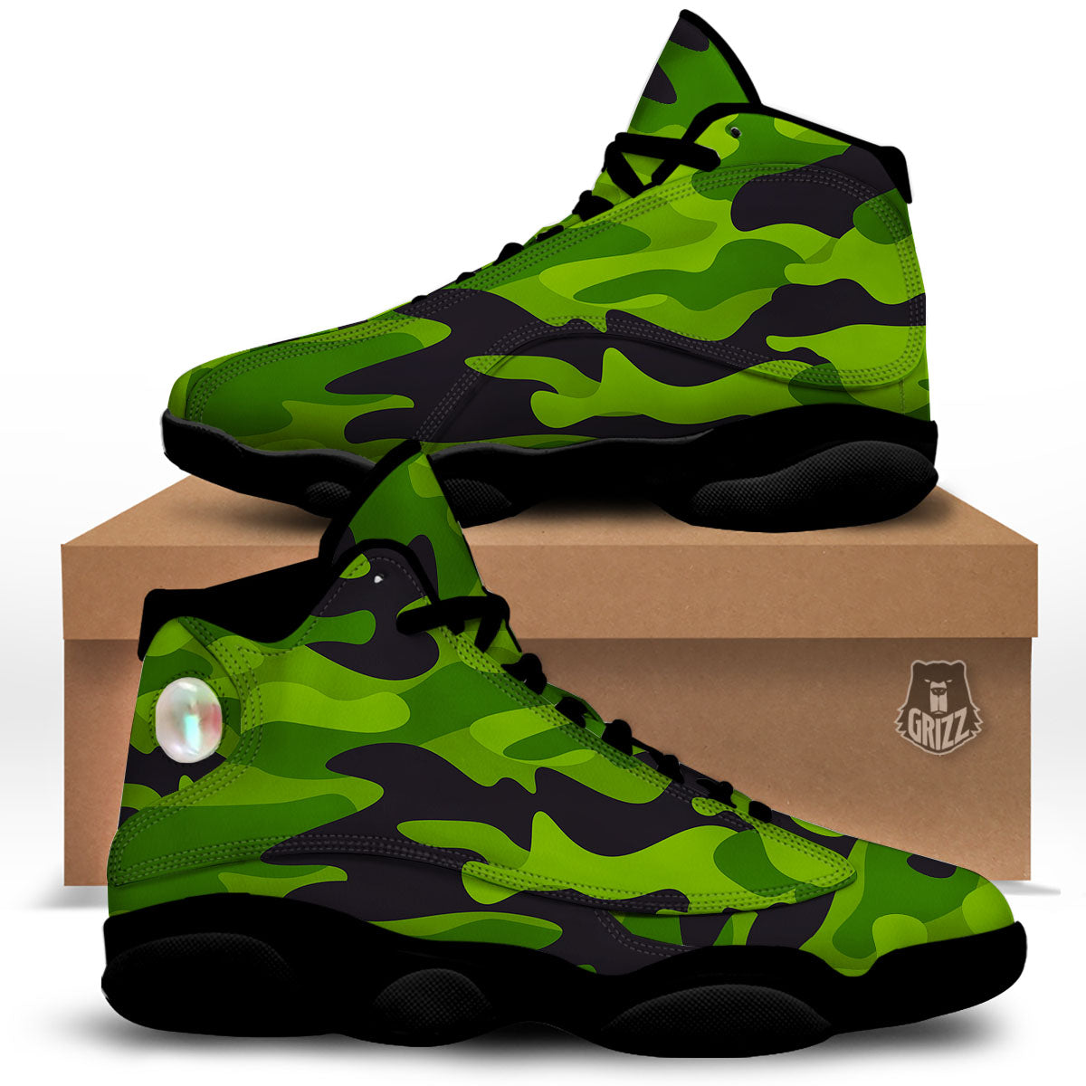 Camouflage Lime Green Print Black Basketball Shoes-grizzshop