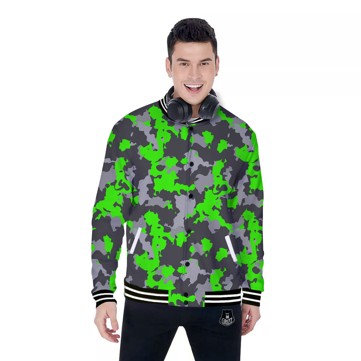 Camouflage Neon Print Baseball Jacket-grizzshop