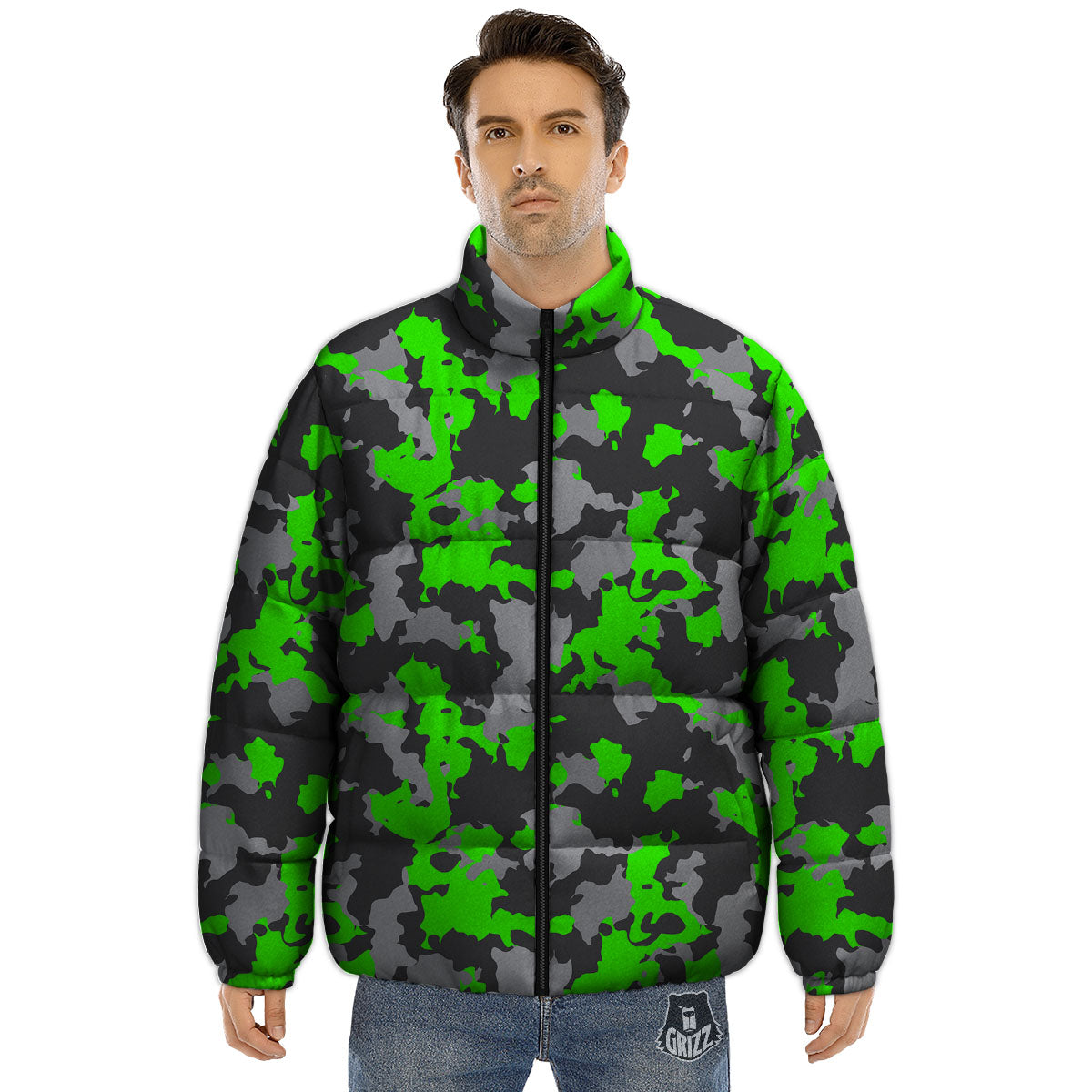 Camouflage Neon Print Puffer Jacket-grizzshop