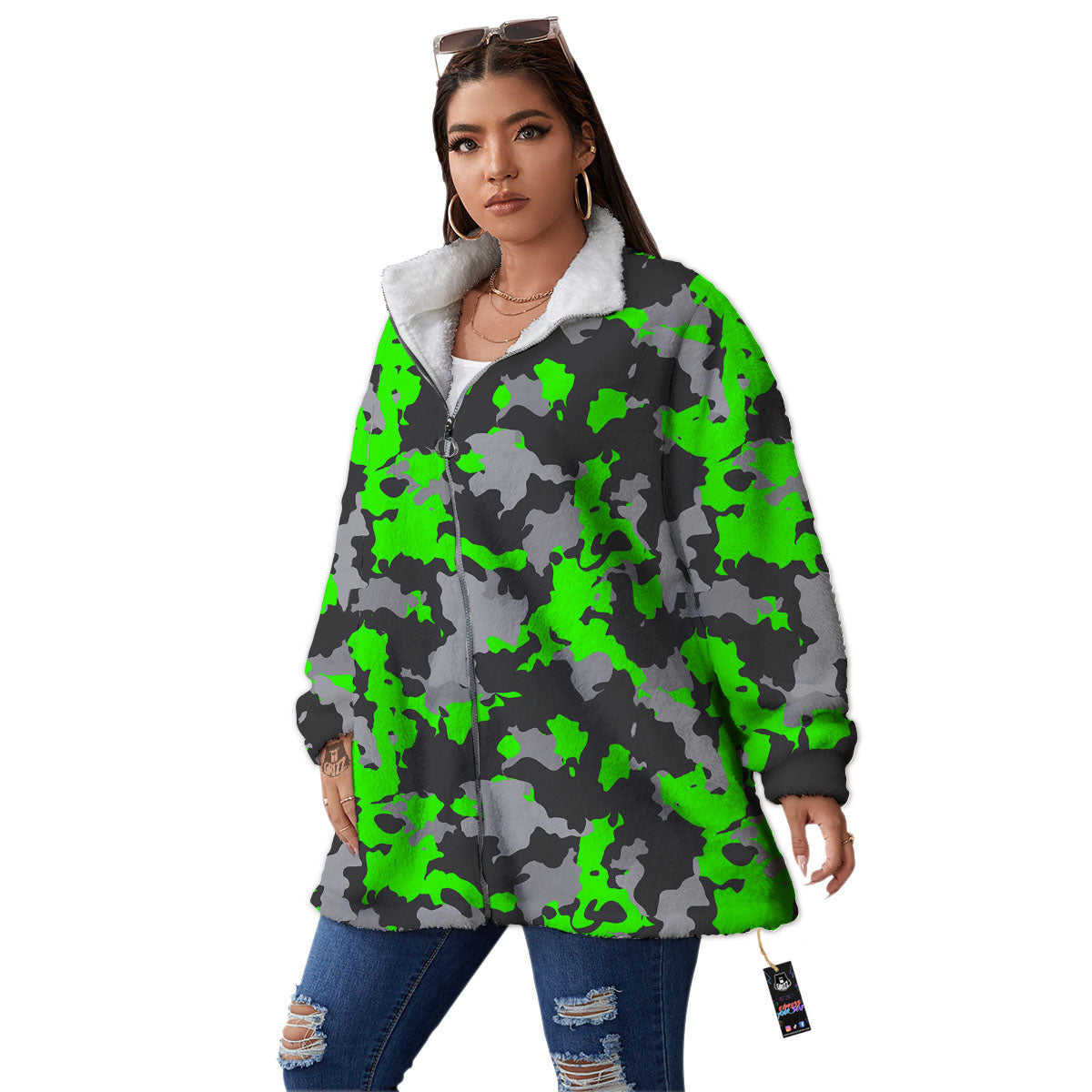 Camouflage Neon Print Women's Sherpa Jacket-grizzshop