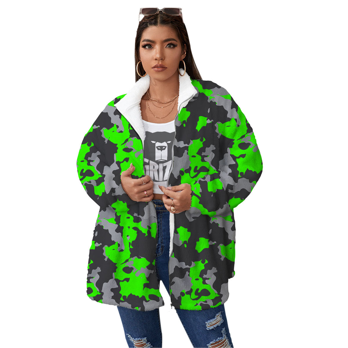 Camouflage Neon Print Women's Sherpa Jacket-grizzshop