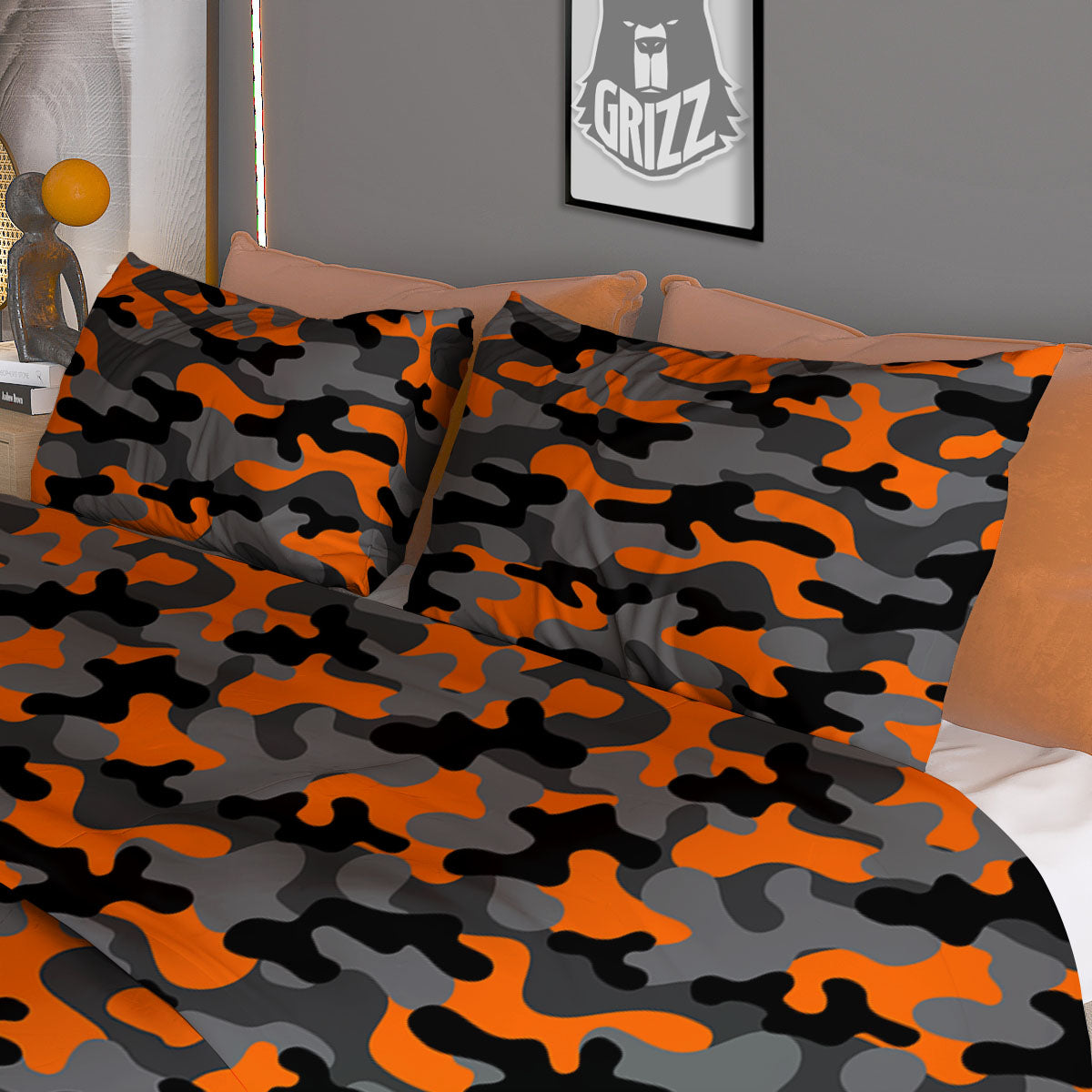 Camouflage Orange And Black Print Duvet Cover Bedding Set