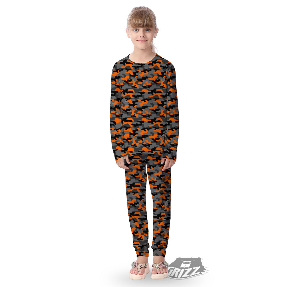 Camouflage Orange And Black Print Kid's Pajamas-grizzshop