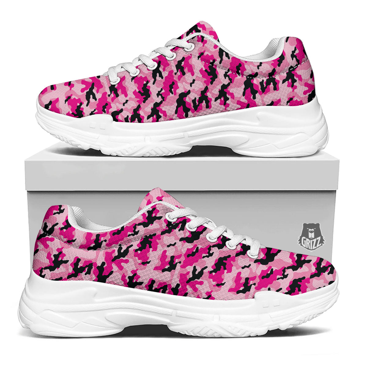 Camouflage Pink And Black Print White Chunky Shoes-grizzshop