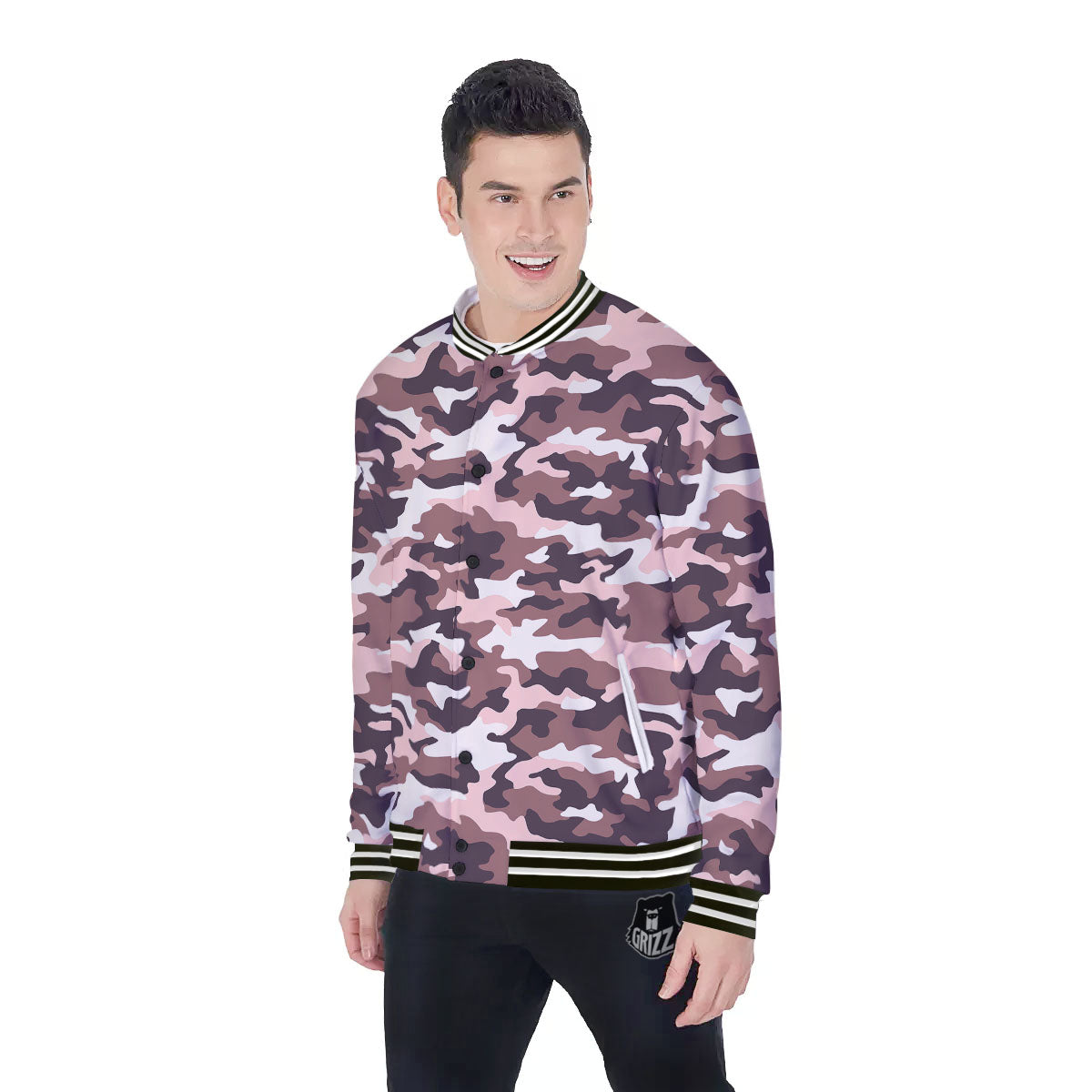Camouflage Pink Brown Print Baseball Jacket-grizzshop