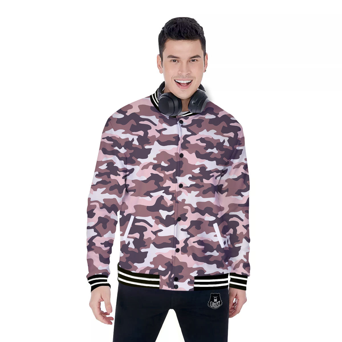 Camouflage Pink Brown Print Baseball Jacket-grizzshop