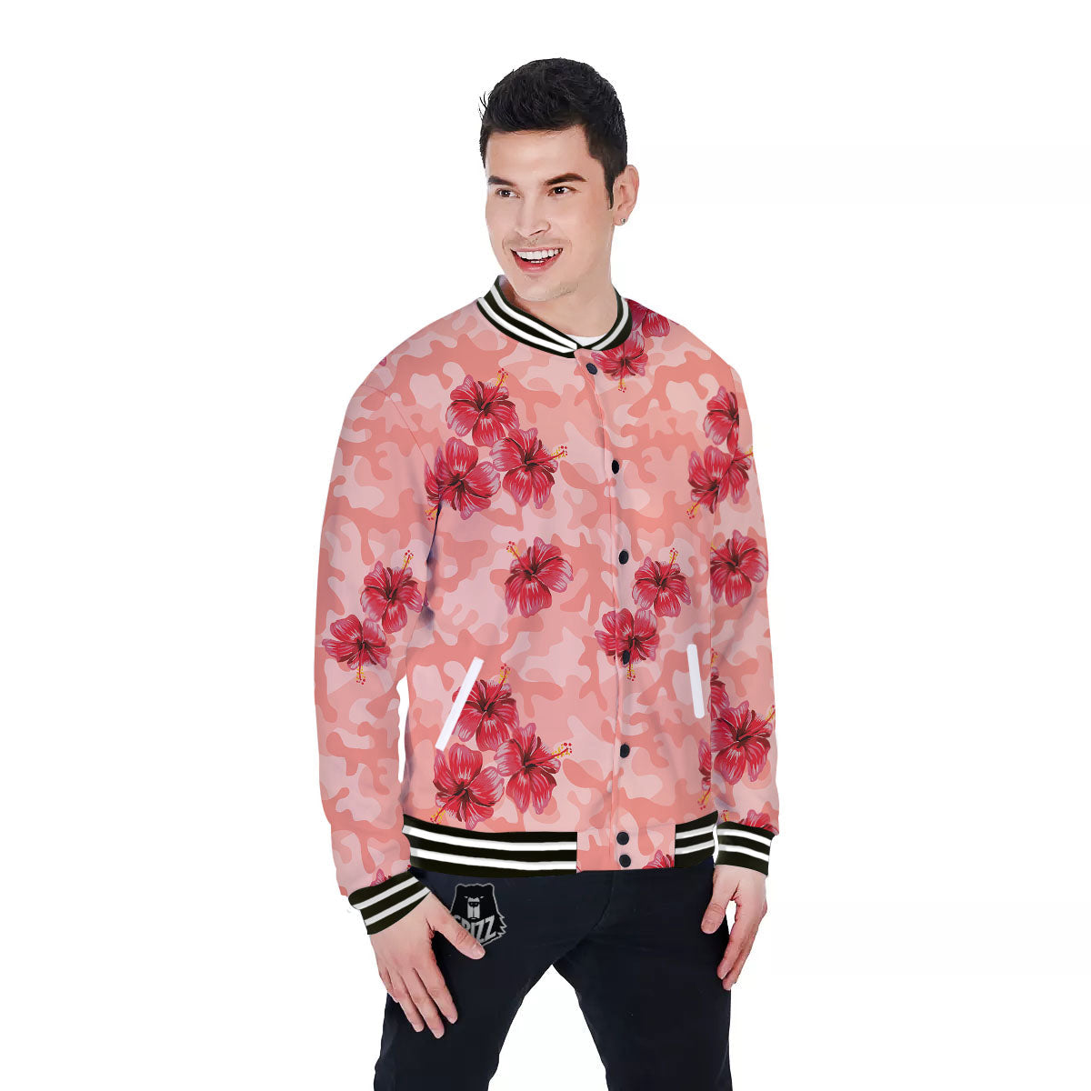 Camouflage Pink Hibiscus Flower Print Pattern Baseball Jacket-grizzshop
