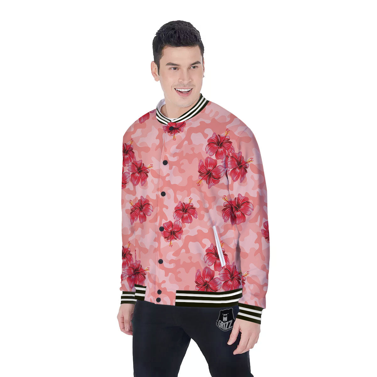 Camouflage Pink Hibiscus Flower Print Pattern Baseball Jacket-grizzshop