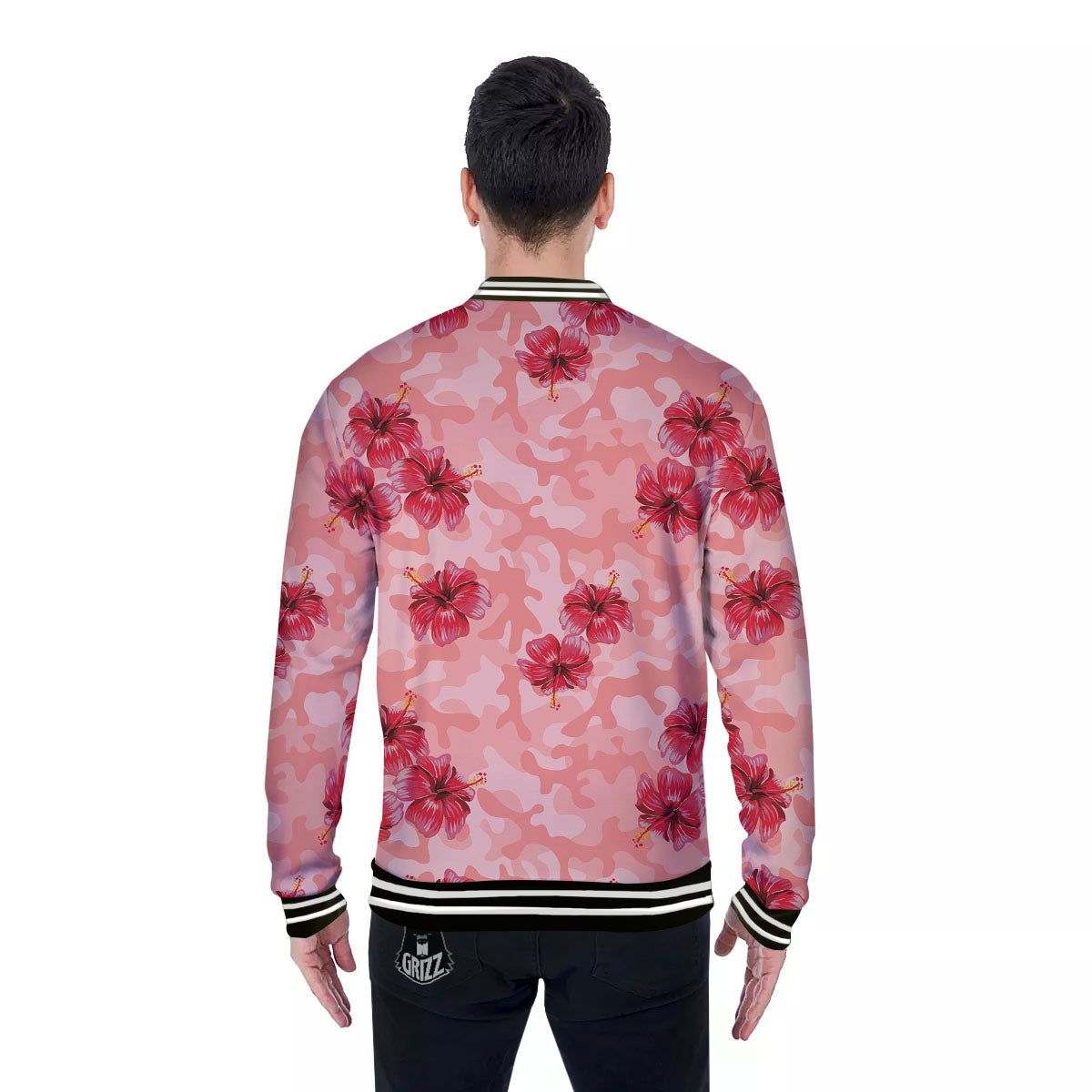 Camouflage Pink Hibiscus Flower Print Pattern Baseball Jacket-grizzshop