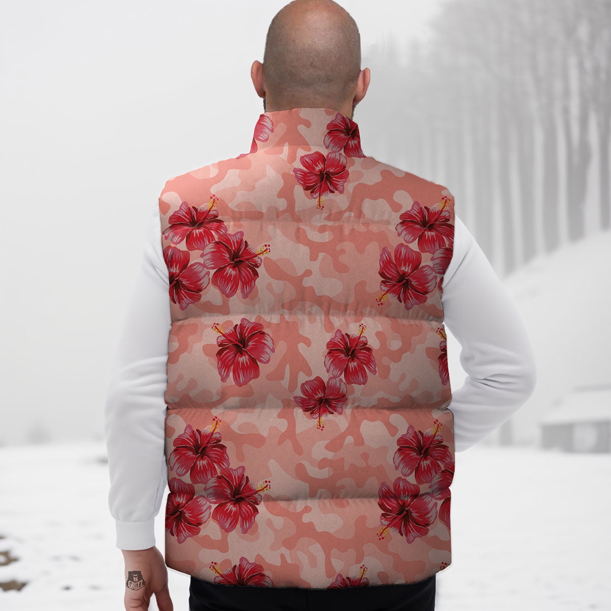 Camouflage Pink Hibiscus Flower Print Pattern Down Vest-grizzshop