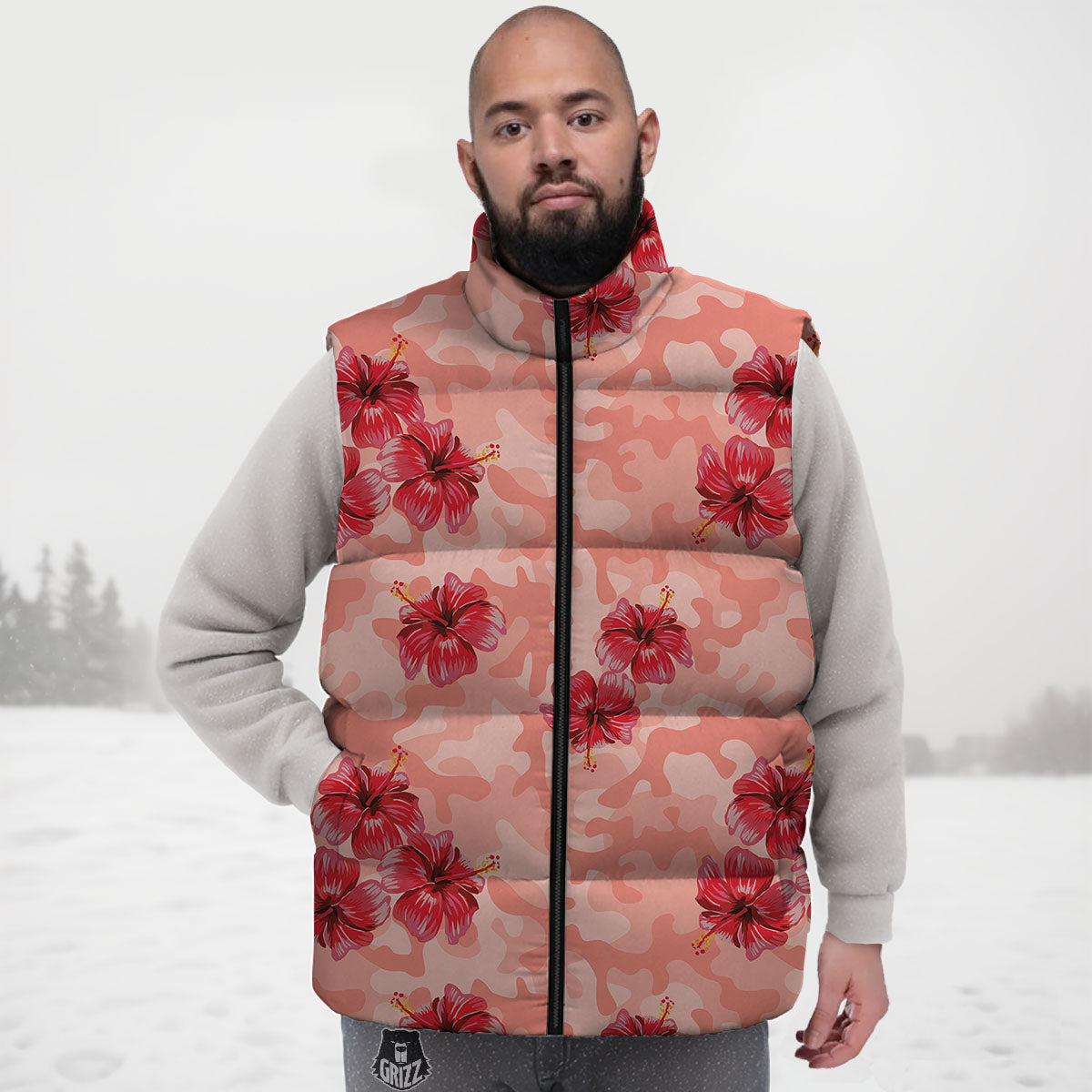 Camouflage Pink Hibiscus Flower Print Pattern Down Vest-grizzshop