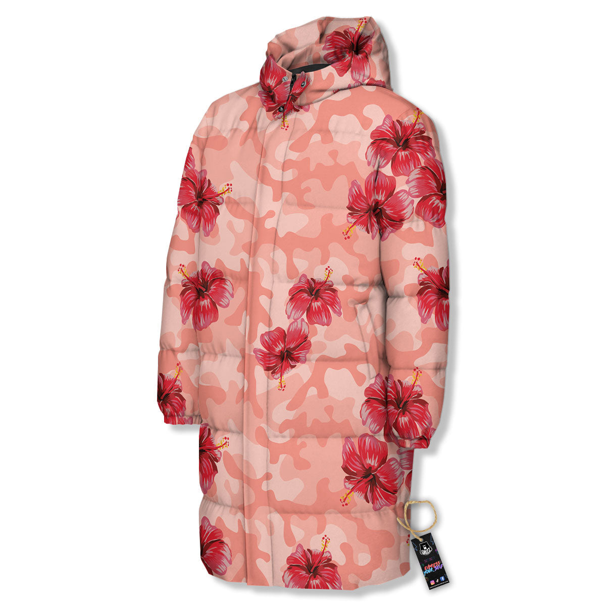 Camouflage Pink Hibiscus Flower Print Pattern Long Down Jacket-grizzshop