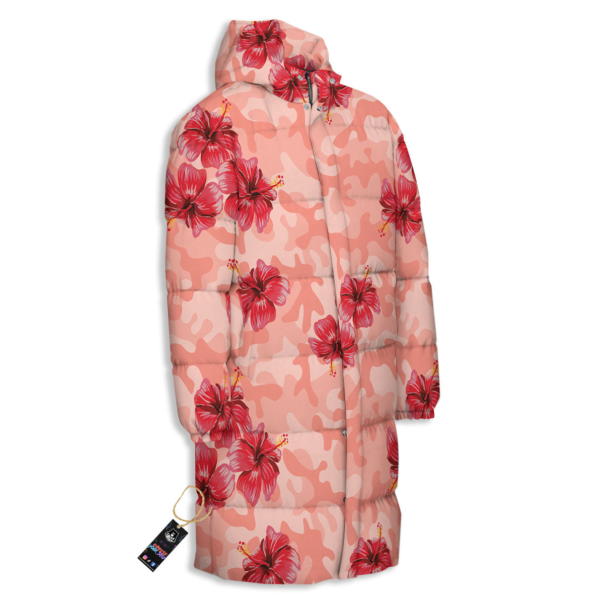 Camouflage Pink Hibiscus Flower Print Pattern Long Down Jacket-grizzshop
