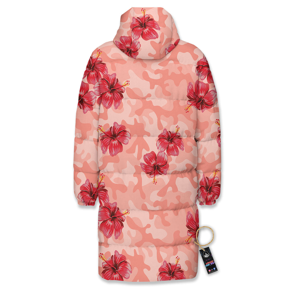 Camouflage Pink Hibiscus Flower Print Pattern Long Down Jacket-grizzshop