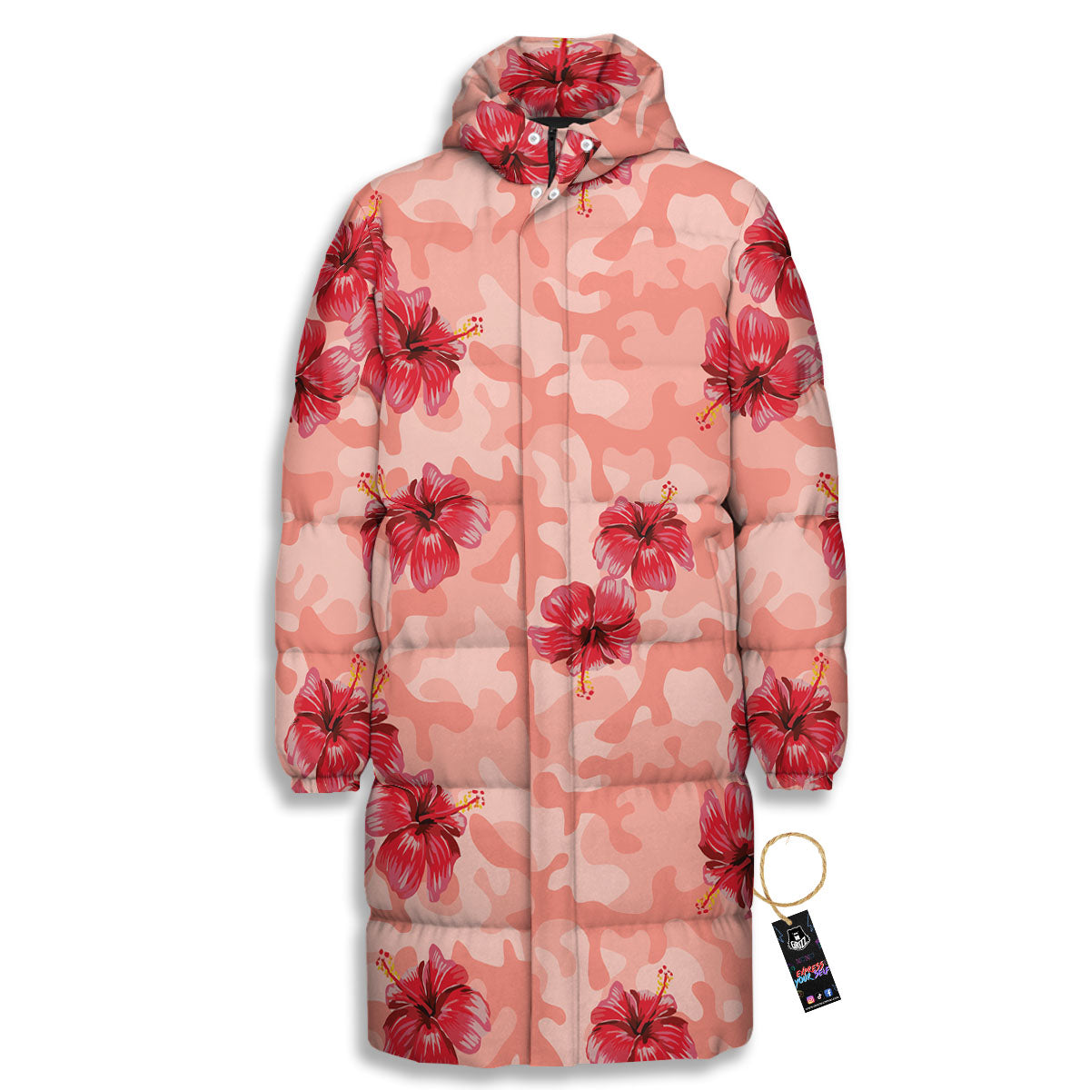Camouflage Pink Hibiscus Flower Print Pattern Long Down Jacket-grizzshop
