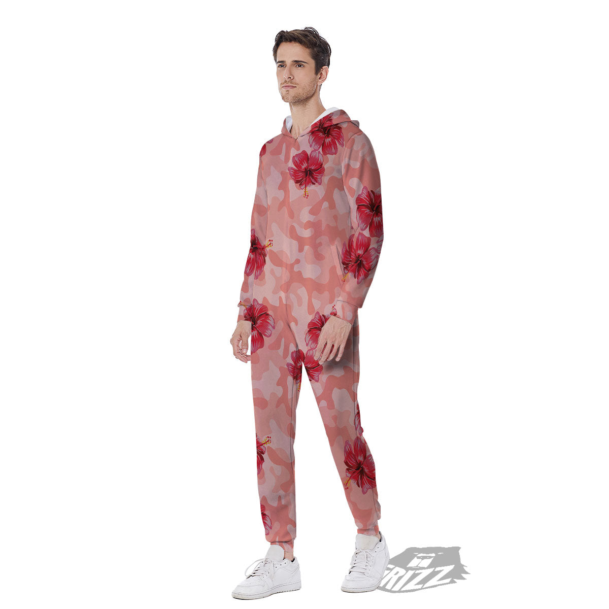 Camouflage Pink Hibiscus Flower Print Pattern Men's Jumpsuit-grizzshop