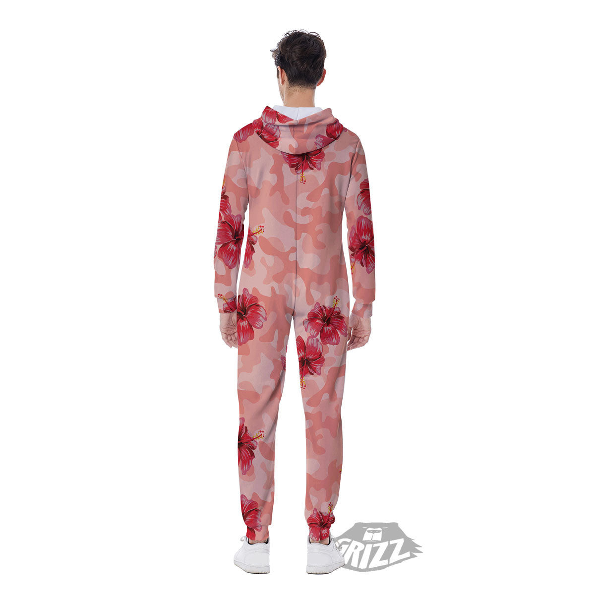 Camouflage Pink Hibiscus Flower Print Pattern Men's Jumpsuit-grizzshop