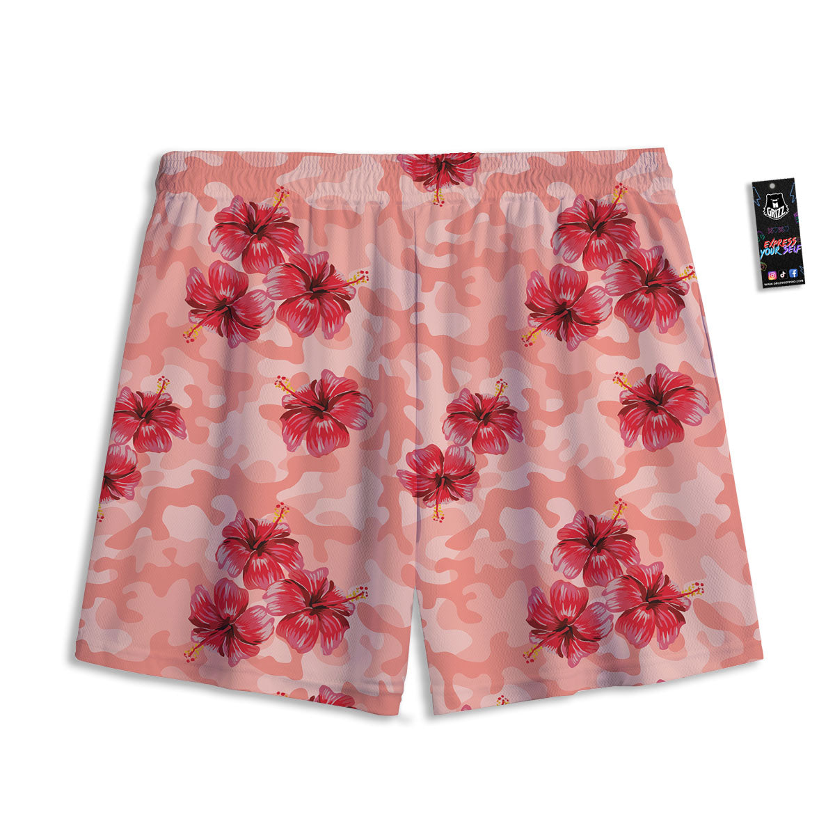 Camouflage Pink Hibiscus Flower Print Pattern Mesh Shorts