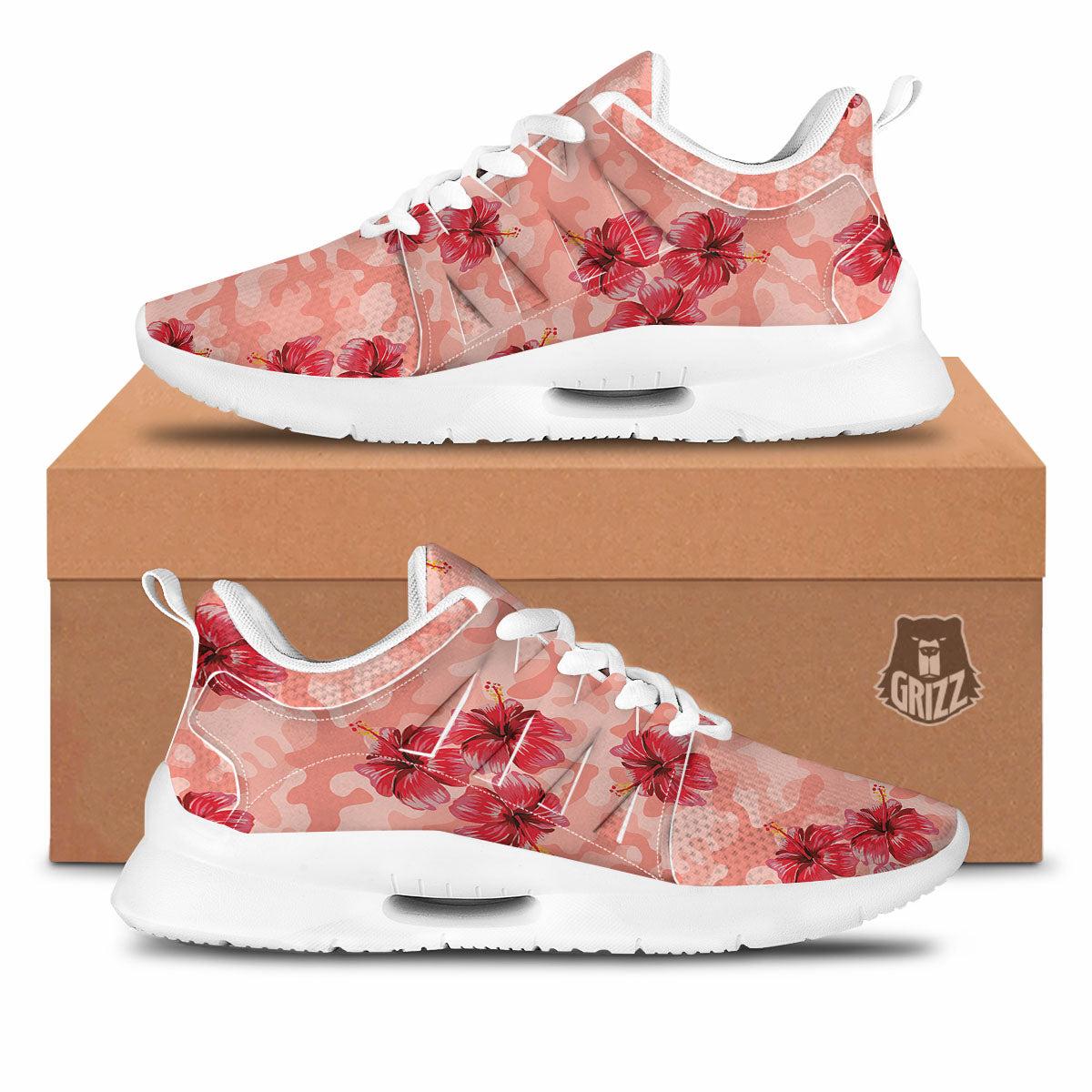 Camouflage Pink Hibiscus Flower Print Pattern Tennis Shoes-grizzshop