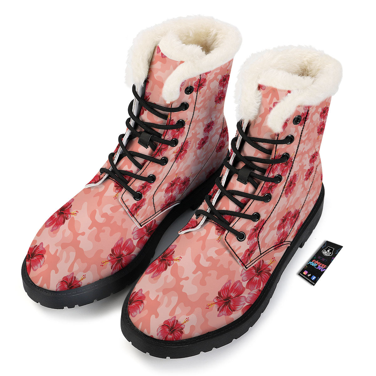 Camouflage Pink Hibiscus Flower Print Pattern Winter Boots-grizzshop