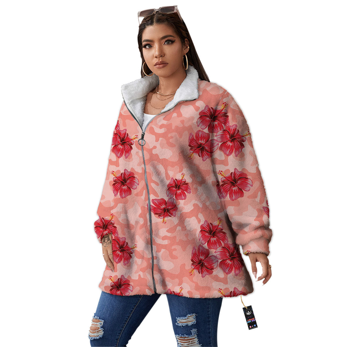 Camouflage Pink Hibiscus Flower Print Pattern Women's Sherpa Jacket-grizzshop