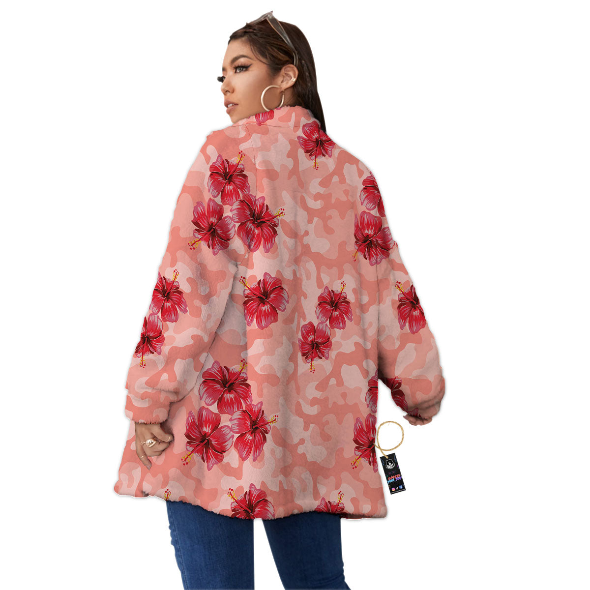 Camouflage Pink Hibiscus Flower Print Pattern Women's Sherpa Jacket-grizzshop