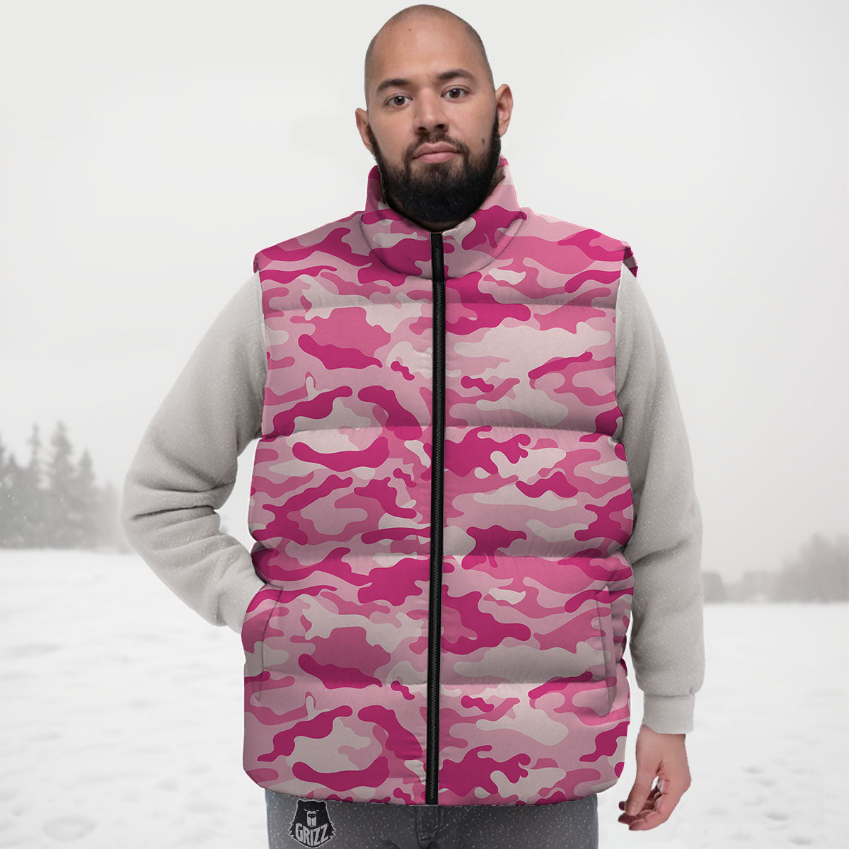 Camouflage Pink Print Pattern Down Vest-grizzshop