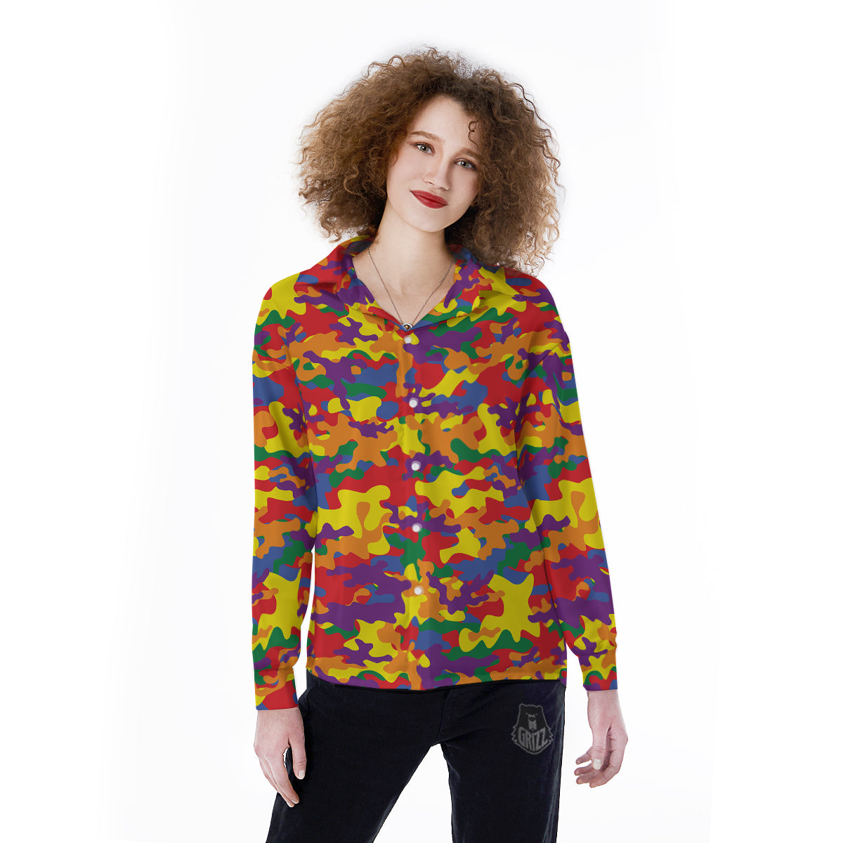 Camouflage Rainbow Print Women's Long Sleeve Shirts-grizzshop