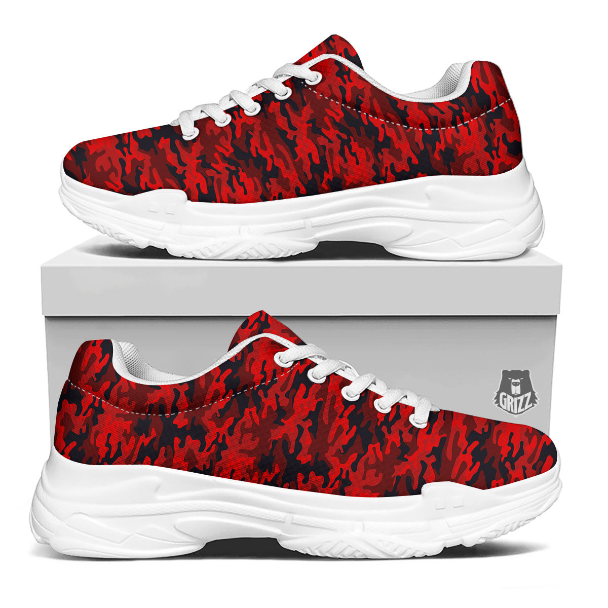 Camouflage Red And Black Print White Chunky Shoes-grizzshop