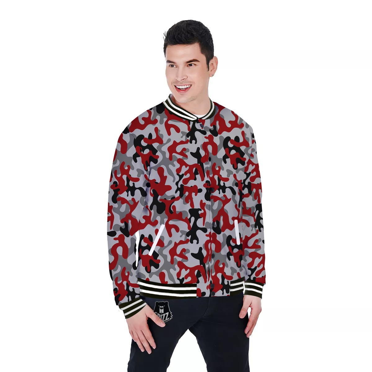Camouflage Red Grey Print Pattern Baseball Jacket-grizzshop