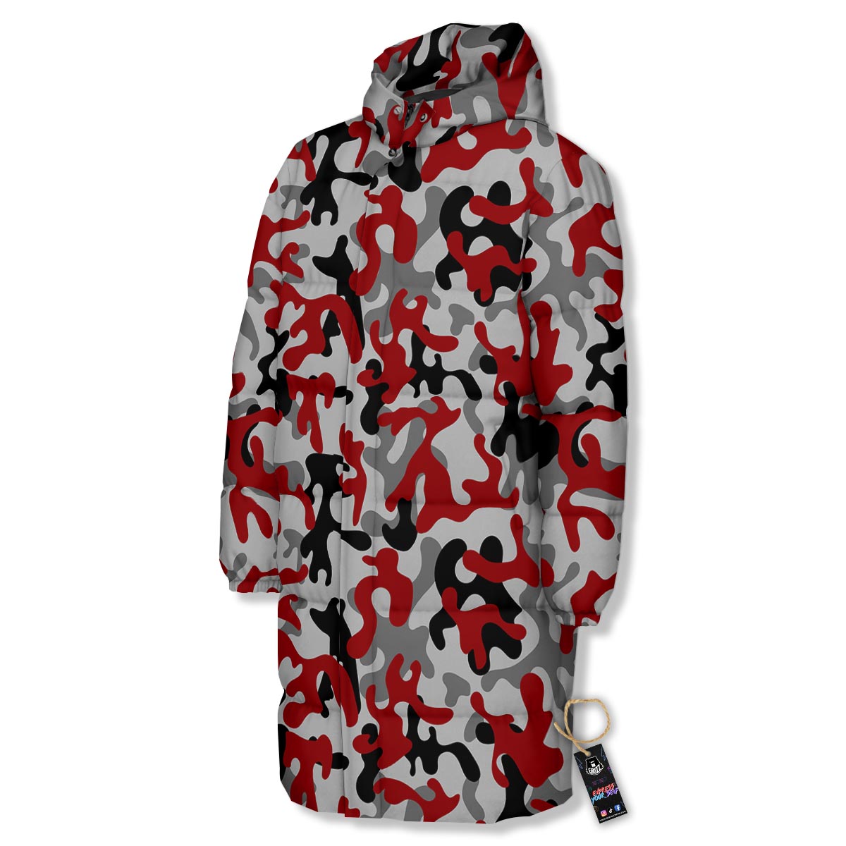 Camouflage Red Grey Print Pattern Long Down Jacket-grizzshop