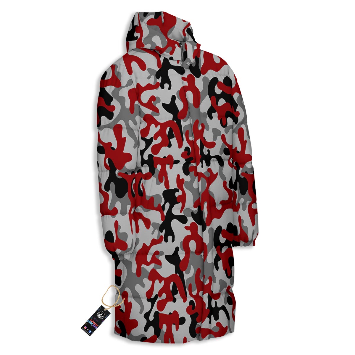 Camouflage Red Grey Print Pattern Long Down Jacket-grizzshop