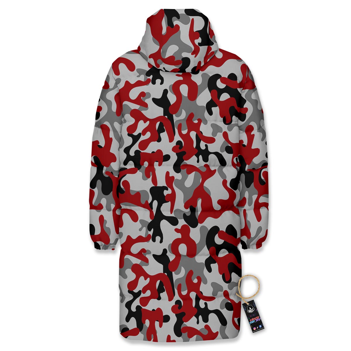 Camouflage Red Grey Print Pattern Long Down Jacket-grizzshop
