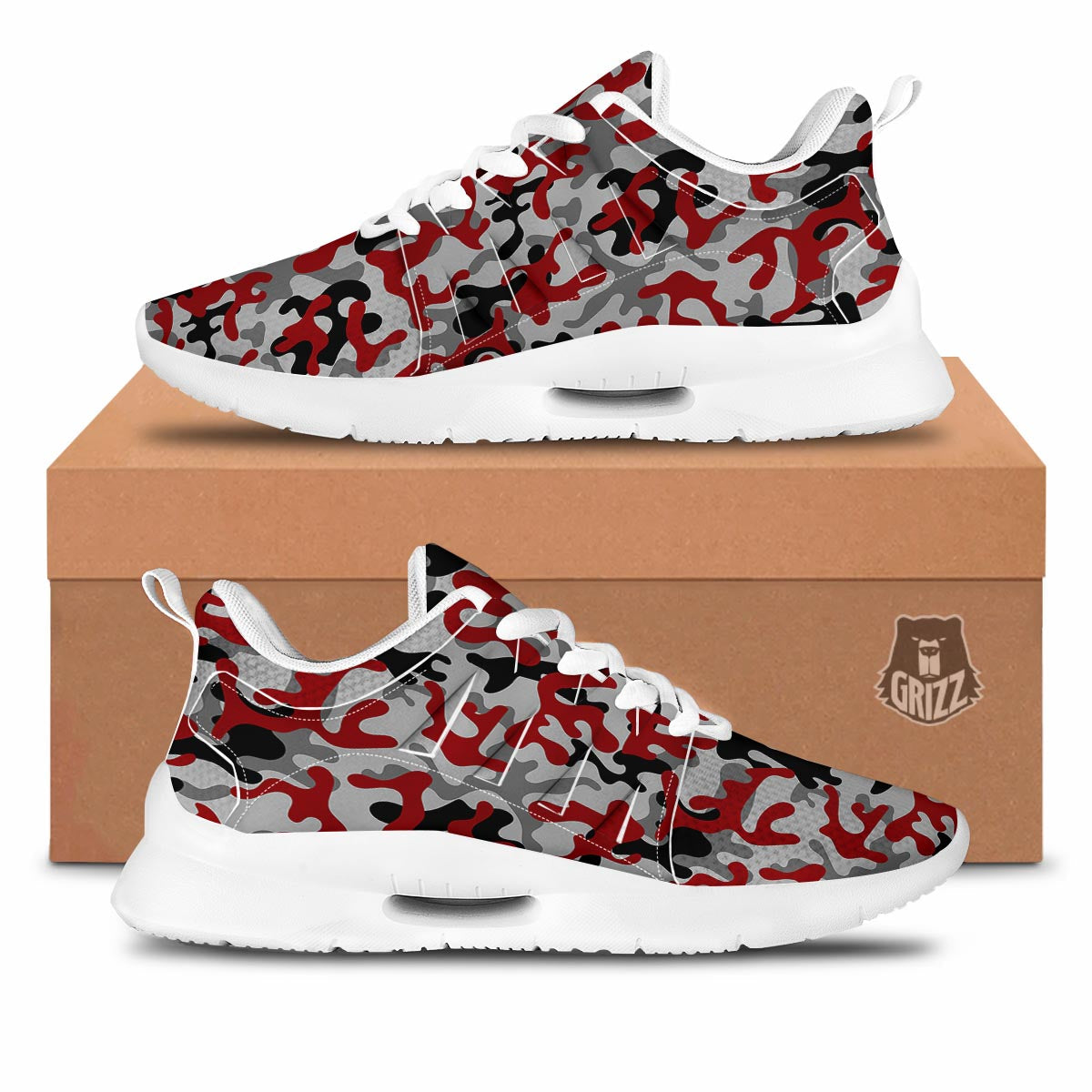 Camouflage Red Grey Print Pattern Tennis Shoes-grizzshop