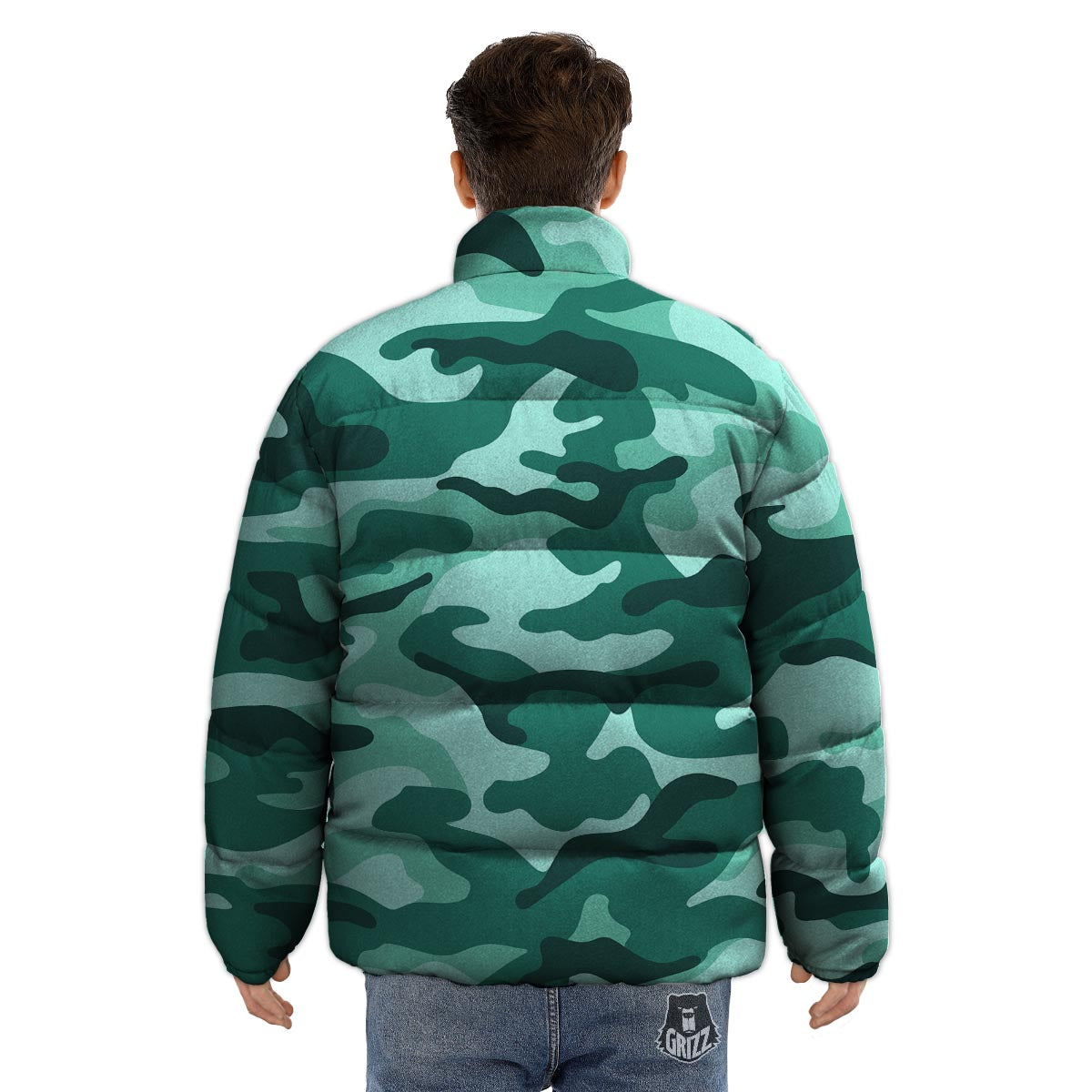 Camouflage Teal Print Puffer Jacket-grizzshop