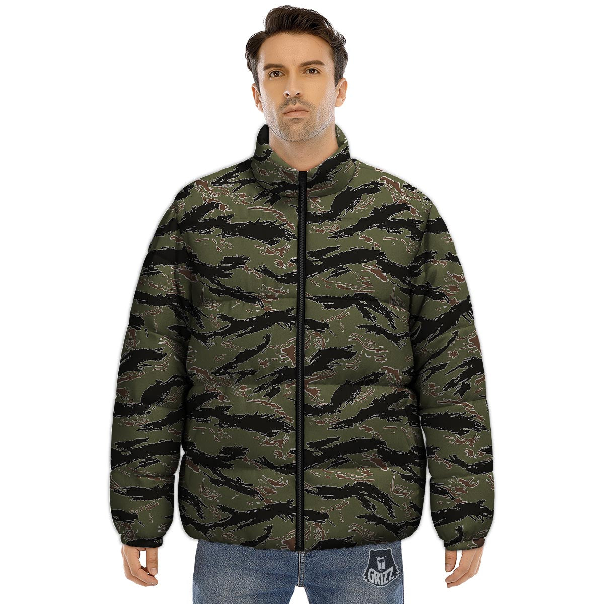 Camouflage Tiger Stripe Print Pattern Puffer Jacket-grizzshop