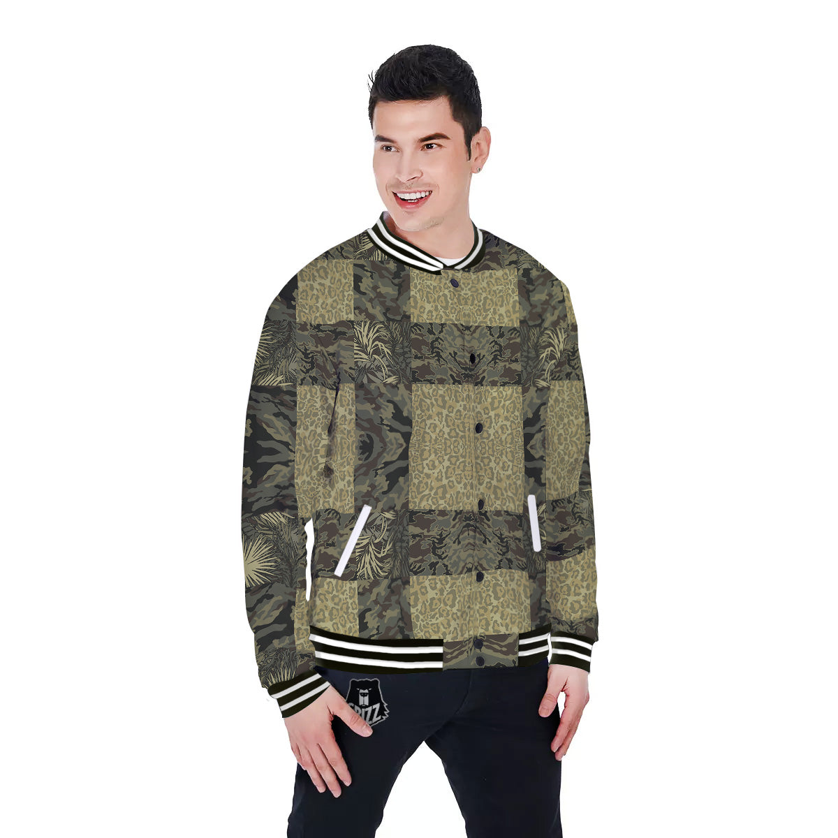 Camouflage Tropical And Leopard Print Pattern Baseball Jacket-grizzshop