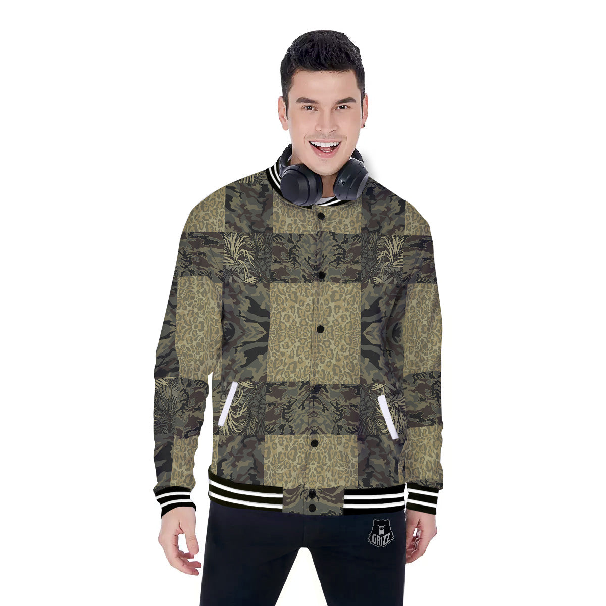 Camouflage Tropical And Leopard Print Pattern Baseball Jacket-grizzshop