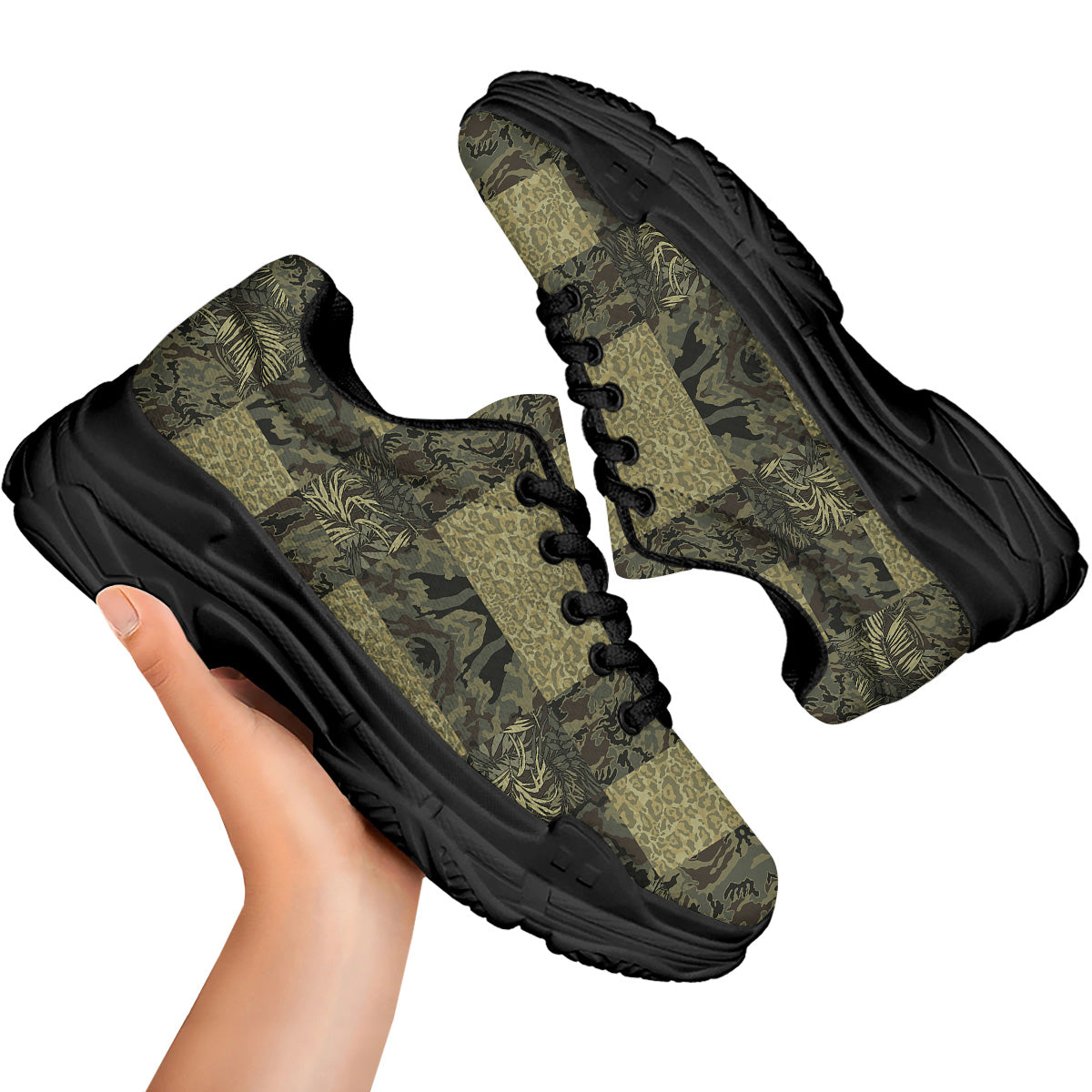 Camouflage Tropical And Leopard Print Pattern Black Chunky Shoes-grizzshop