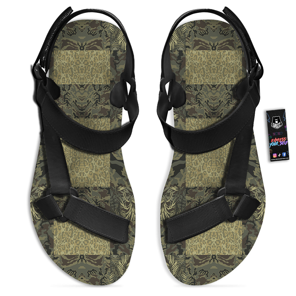 Camouflage Tropical And Leopard Print Pattern Black Open Toe Sandals-grizzshop