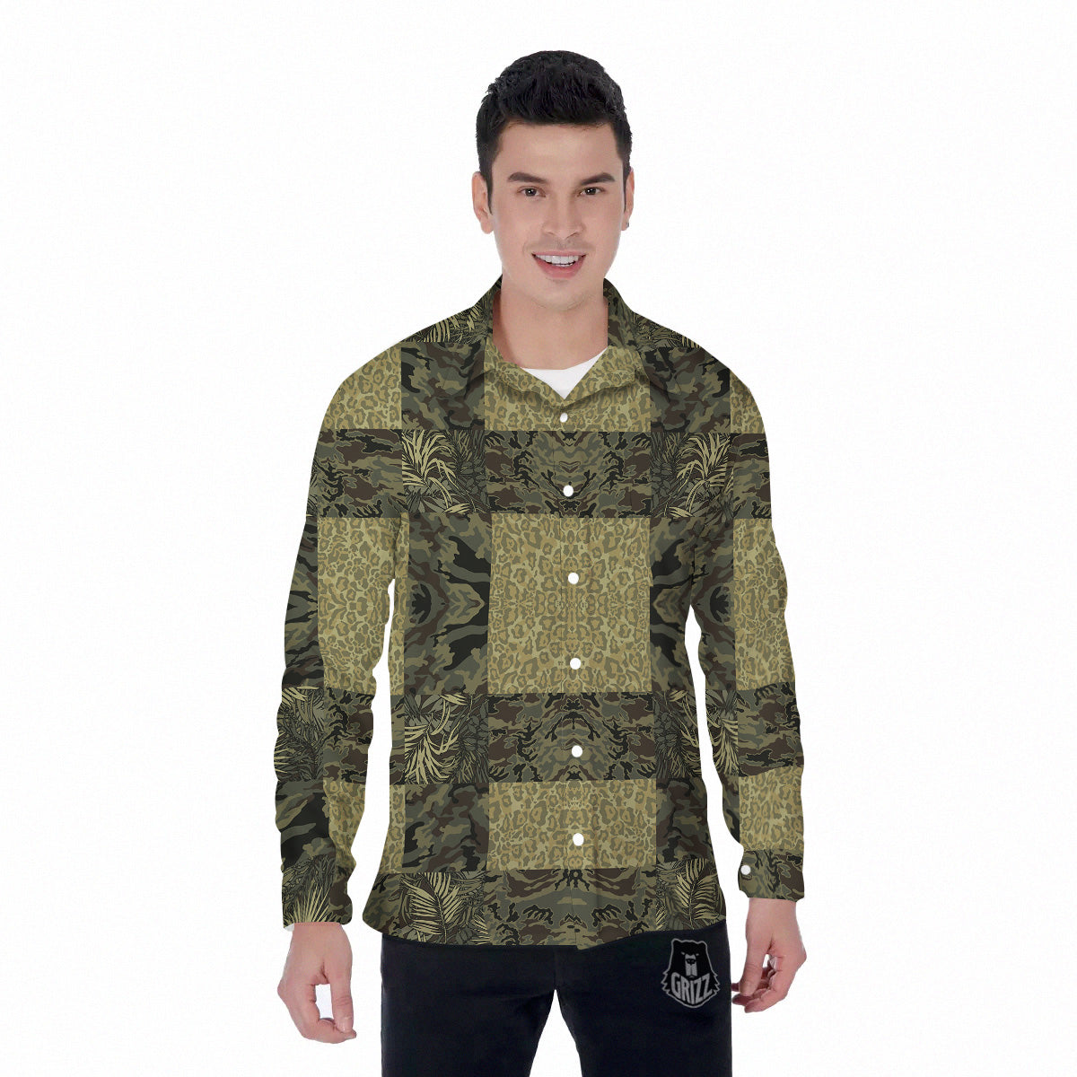 Camouflage Tropical And Leopard Print Pattern Men's Long Sleeve Shirts-grizzshop