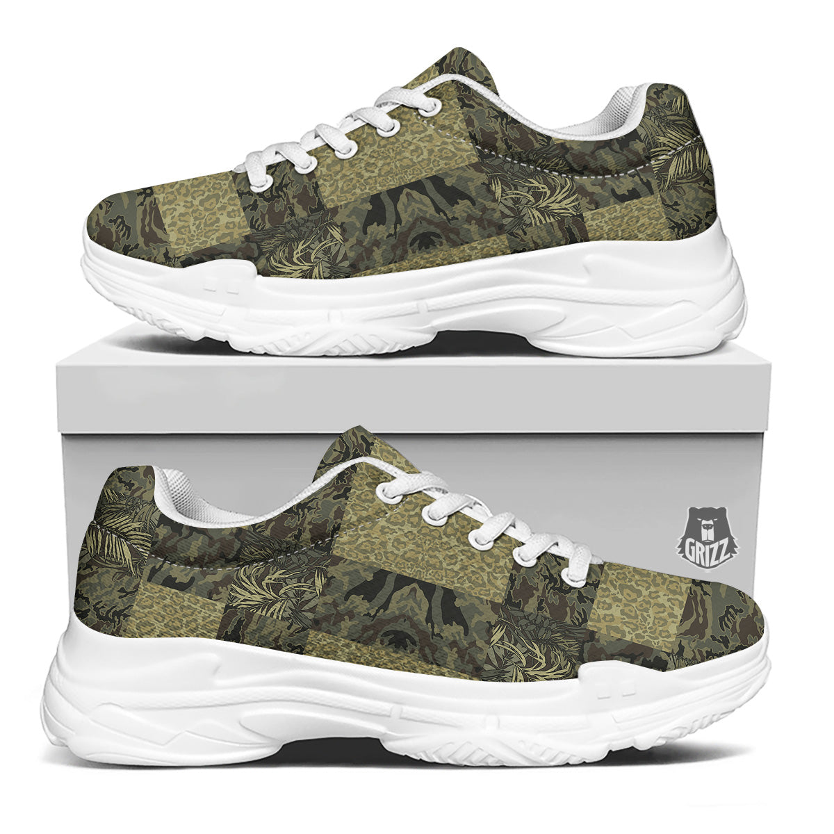 Camouflage Tropical And Leopard Print Pattern White Chunky Shoes-grizzshop