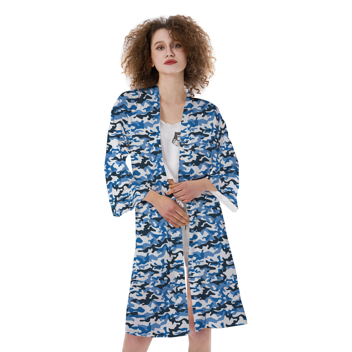 Camouflage White And Blue Print Kimono-grizzshop
