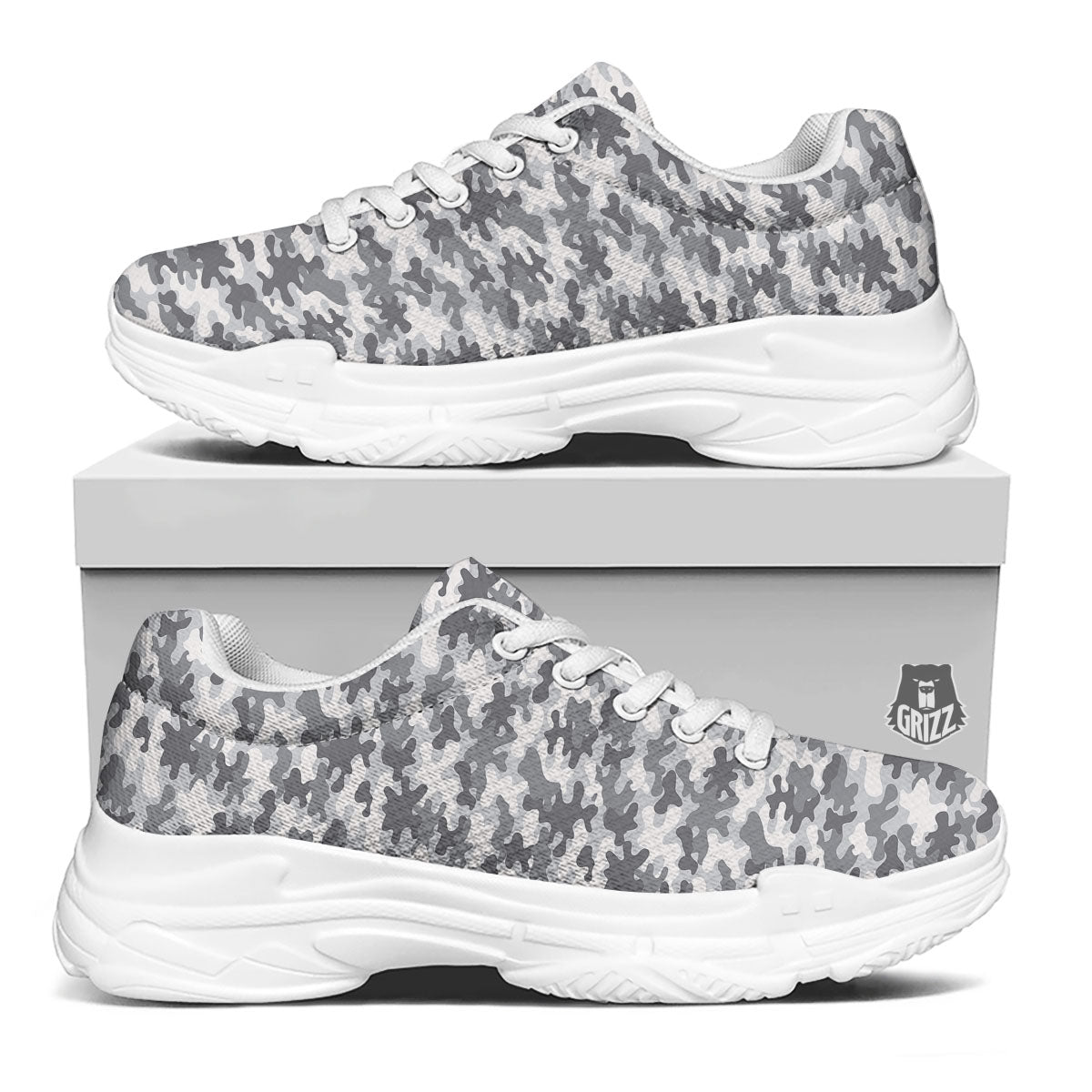 Camouflage White And Grey Print White Chunky Shoes-grizzshop