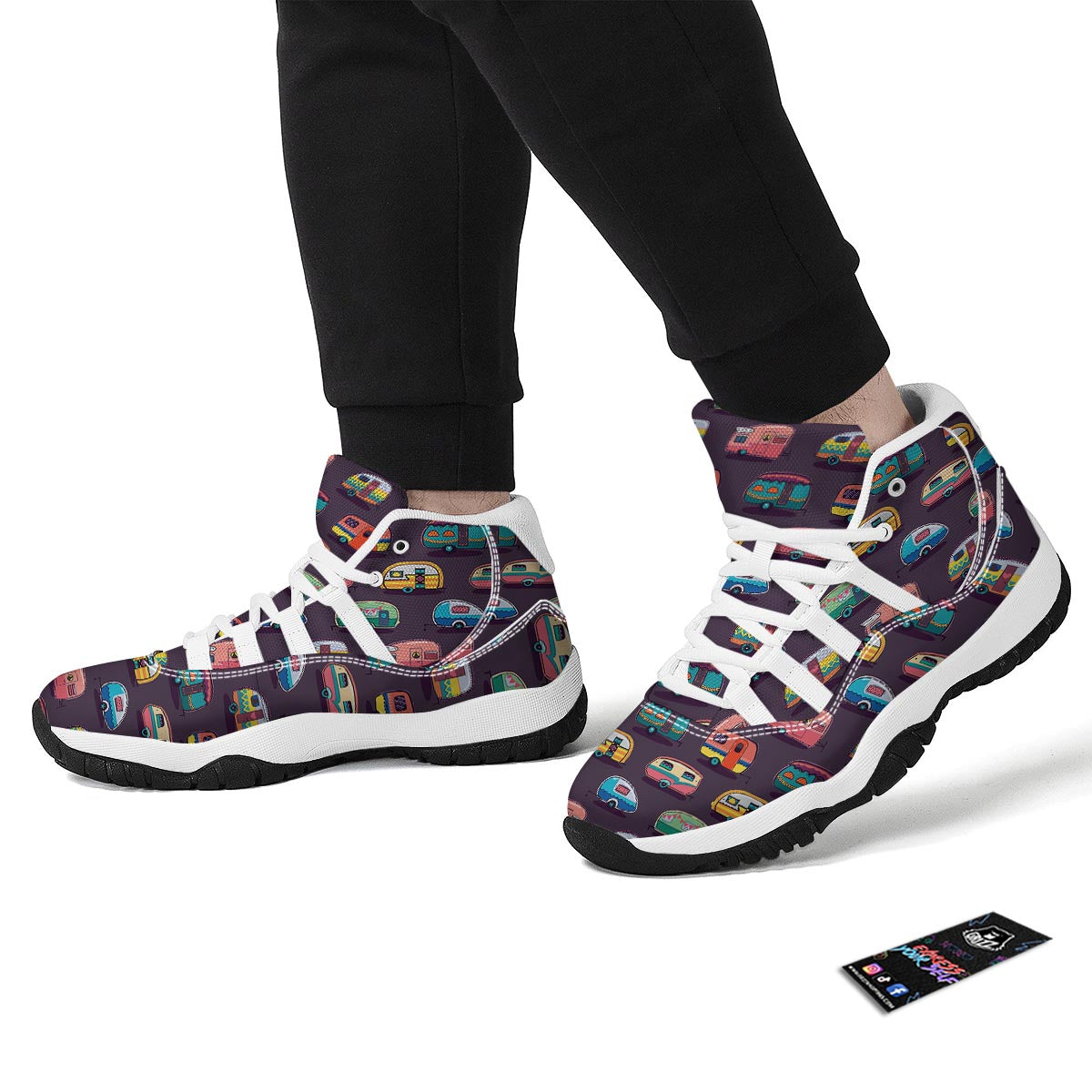 Camper Van Pattern Print White Bball Shoes-grizzshop