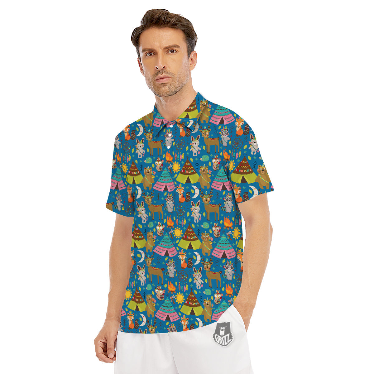 Camping Animal Print Pattern Men's Golf Shirts-grizzshop