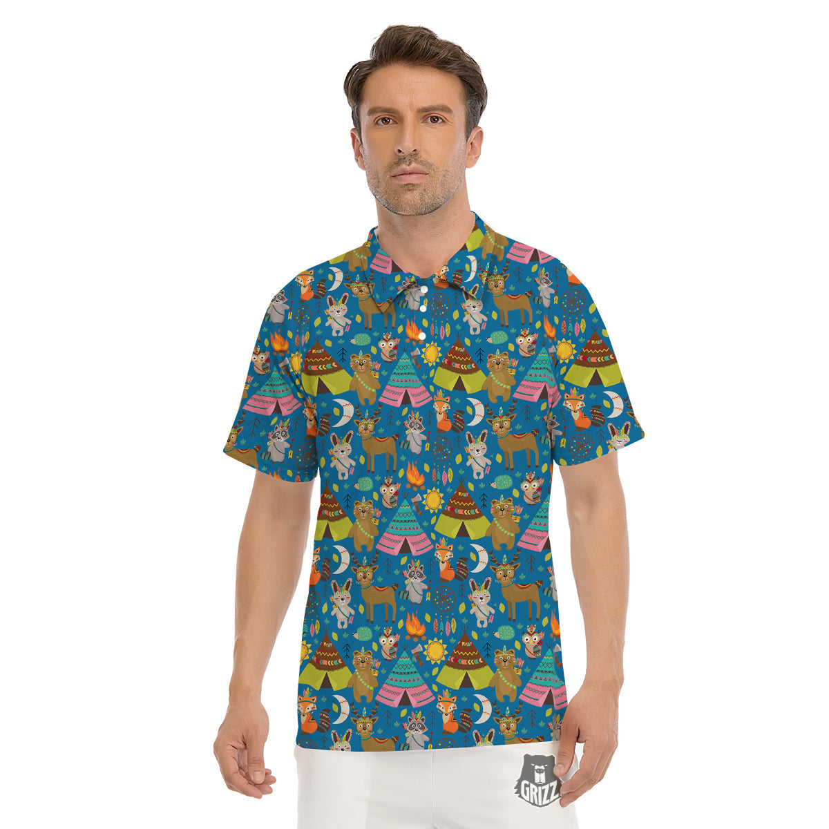 Camping Animal Print Pattern Men's Golf Shirts-grizzshop