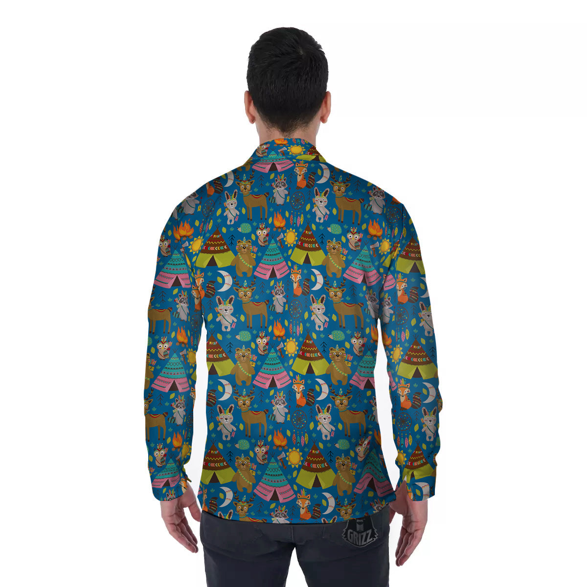 Camping Animal Print Pattern Men's Long Sleeve Shirts-grizzshop